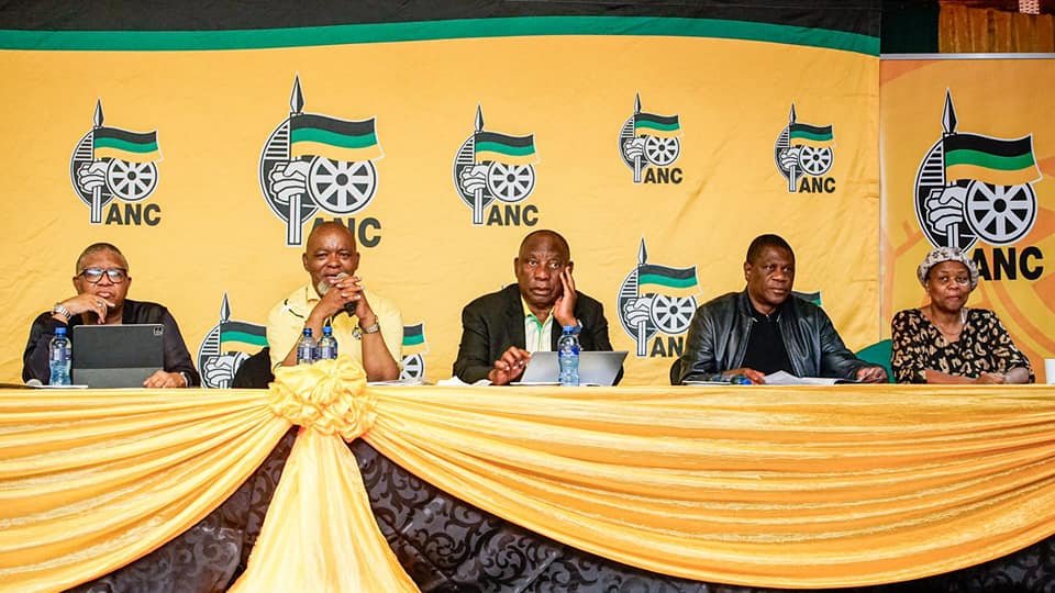 ANC leaders including President Cyril Ramaphosa, Deputy President Paul Machatile, and Minister Gwede Mantashe at a public event in 2025