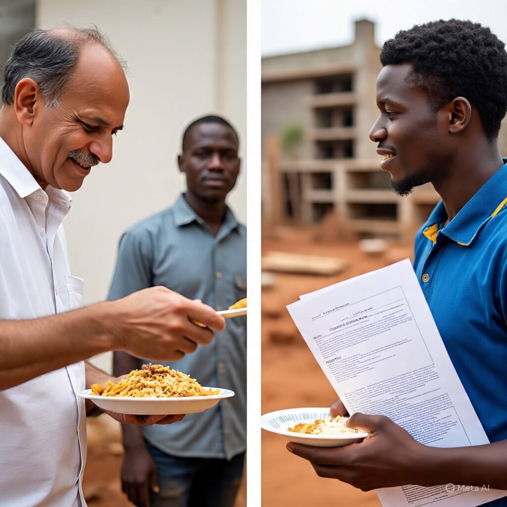 Split image showing homeowner offering food and a worker disputing unpaid wages