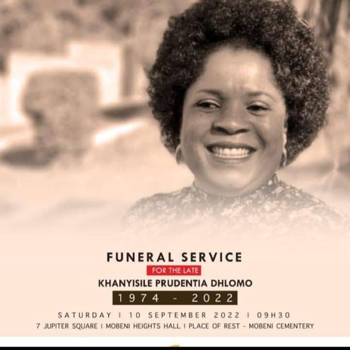 Poster with funeral service details for Khanyisile Dhlomo, the woman whose 2022 death is now being investigated as a murder