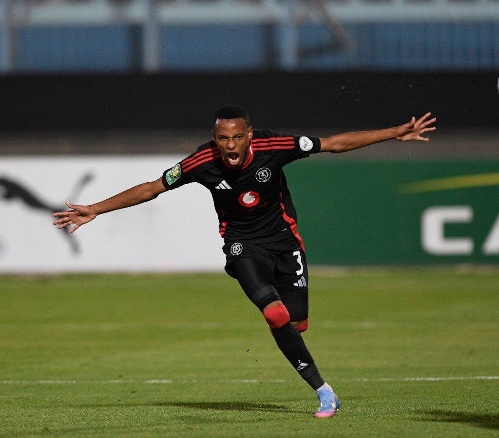 Relebohile Mofokeng celebrates after scoring a goal for Orlando Pirates during a league match