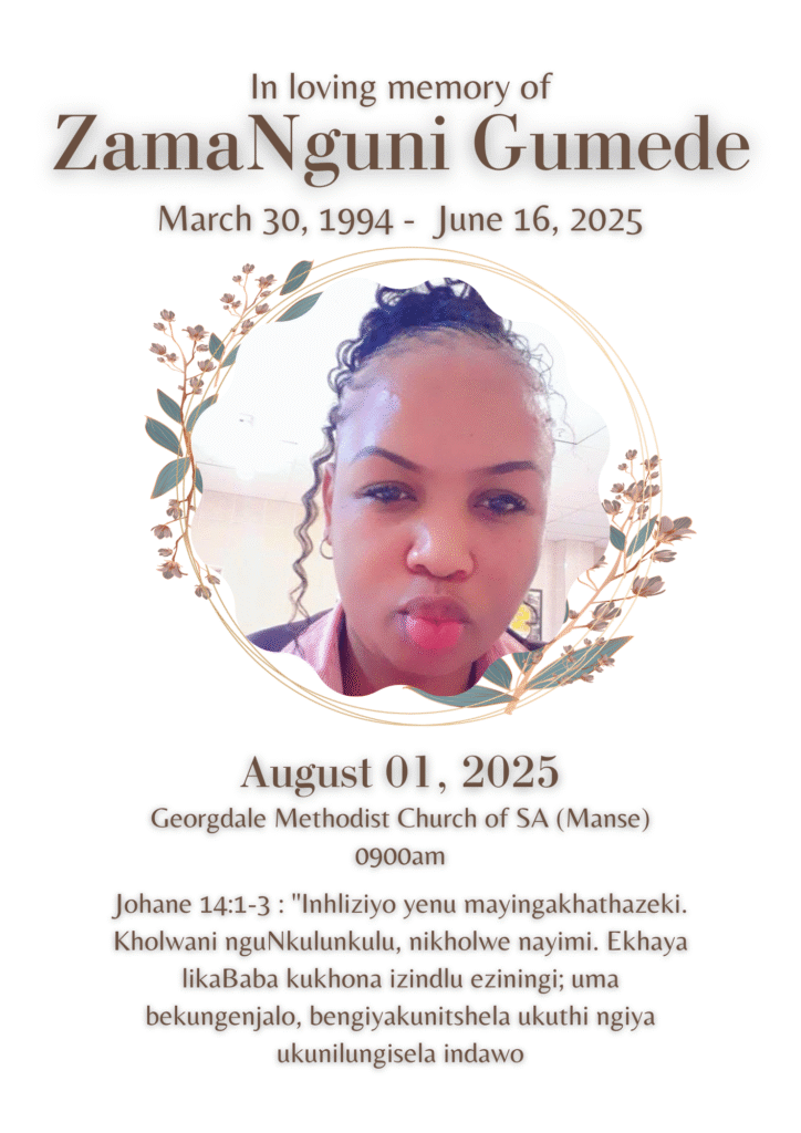 Funeral service poster for Zamanguni Gumede, showing details of the burial on 1 August 2025