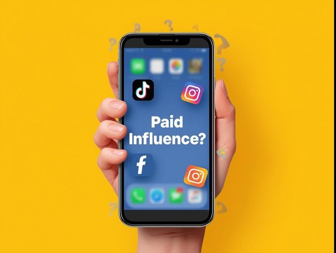 Influencer on smartphone with shadow of money symbolizing undisclosed paid content