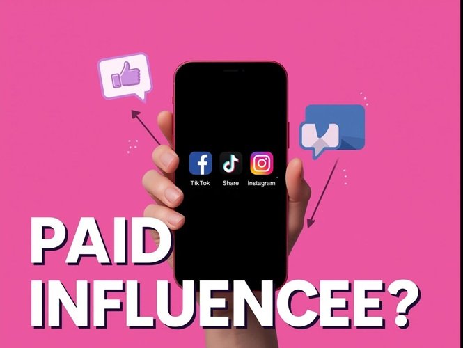 Illustration of social media smartphone feed with Like, Share, and Comment icons highlighting paid influencers
