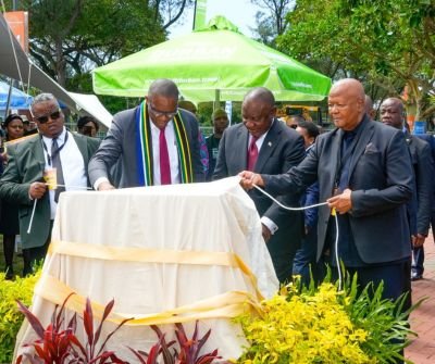 President Cyril Ramaphosa unveiling Nelson Mandela statue outside Moses Mabhida Stadium in Durban