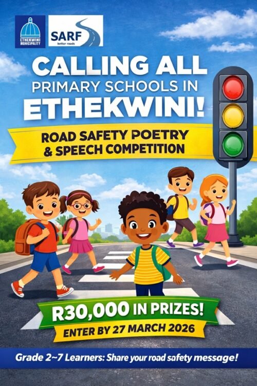 Road safety competition poster calling on eThekwini primary schools to enter poetry and speech categories.