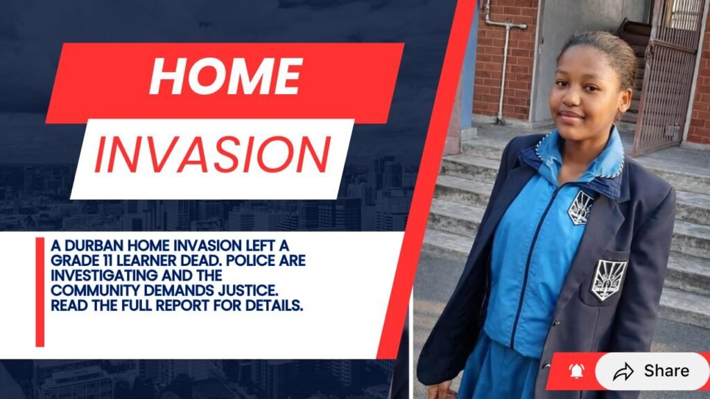 Full-body image of a Durban Girls Secondary School learner in uniform standing in a classroom setting before the home invasion.