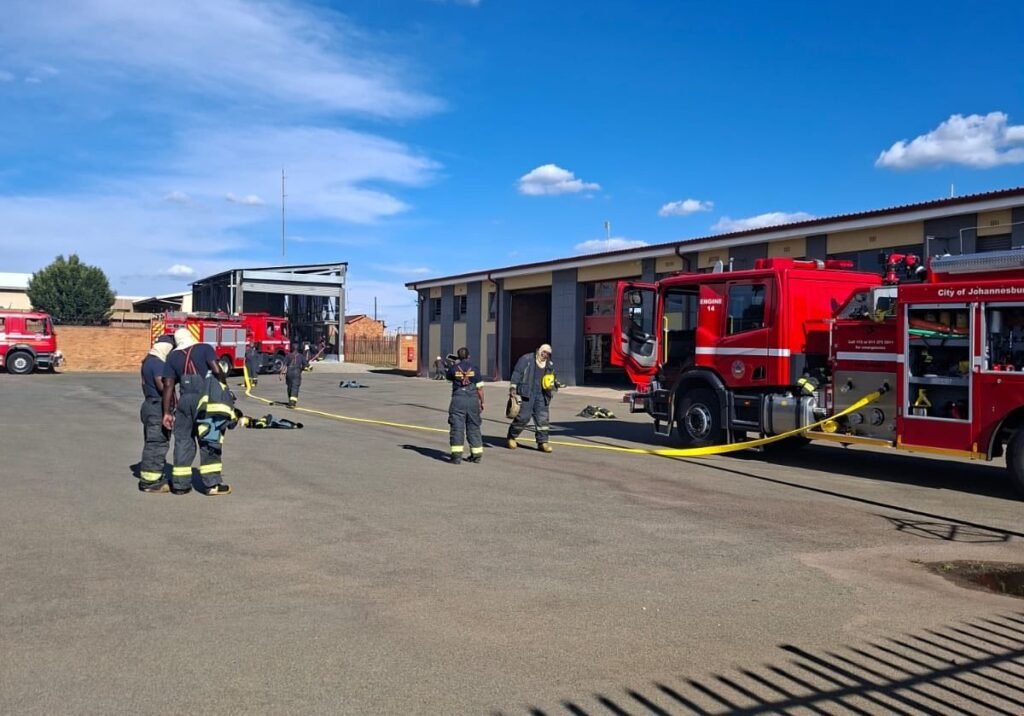 Johannesburg Fire Department vehicles respond to the Ormonde building collapse.