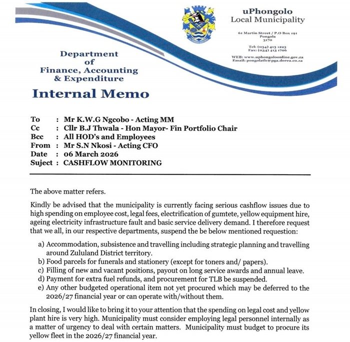 Internal memo revealing cashflow problems at uPhongolo Local Municipality