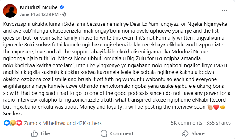 Screenshot of Mduduzi Ncube's Facebook post discussing money and loyalty disputes following his departure from Inkabi Records.